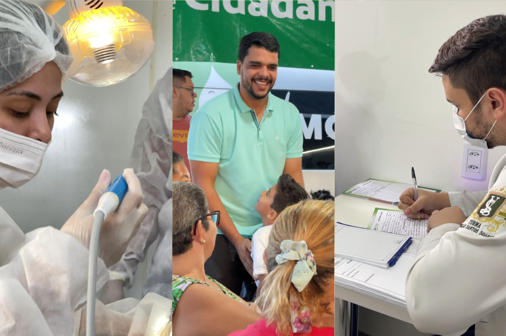 Imagem horizontal formada pela junção de três fotografias na vertical. Na primeira, à esquerda, uma paciente recebe atendimento médico. Na segunda, no meio, o prefeito Marden Junior abraça uma criança e sorri. Na segunda, um profissional de saúde preenche uma ficha de atendimento.